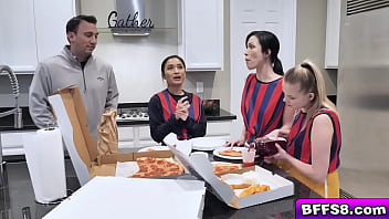 Coach Bobby treat teen BFFs with some pizza and they treat him with their cunts