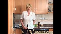 Horny Blonde Granny in the Kitchen Masturbates to Orgasm with Dildo